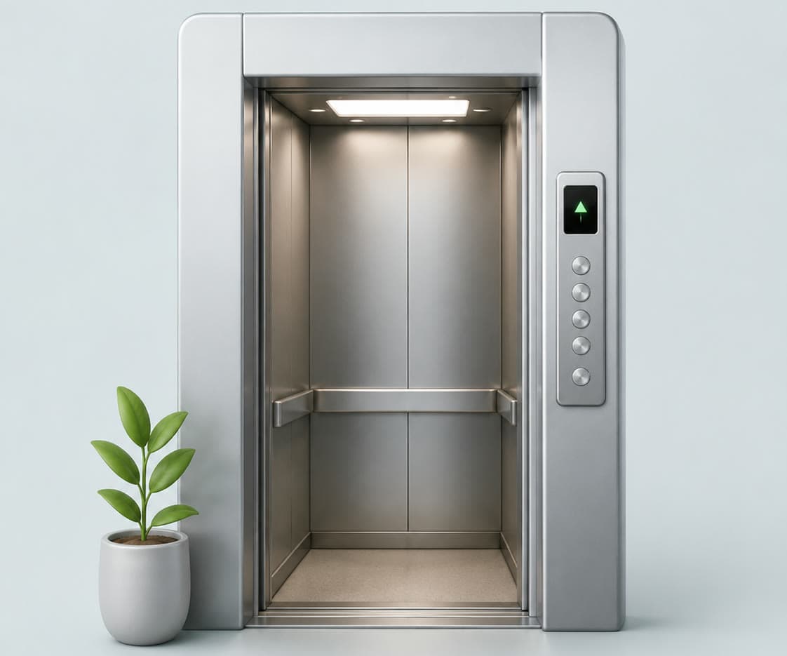 איור תלת ממדי של מעלית פתוחה עם לוח כפתורים ועציץ